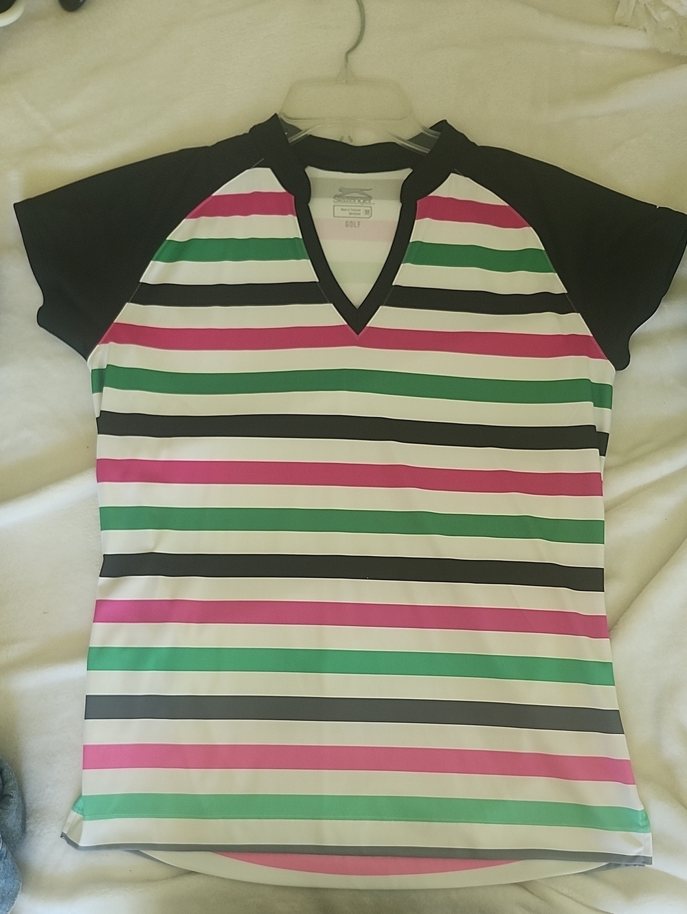Womens Striped V-Neck Golf Top - Black, Pink & Green
